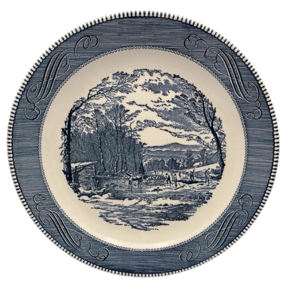 Vintage Currier Ives Blue Royal Round Platter 12” Chop Plate Winter GETTING ICE